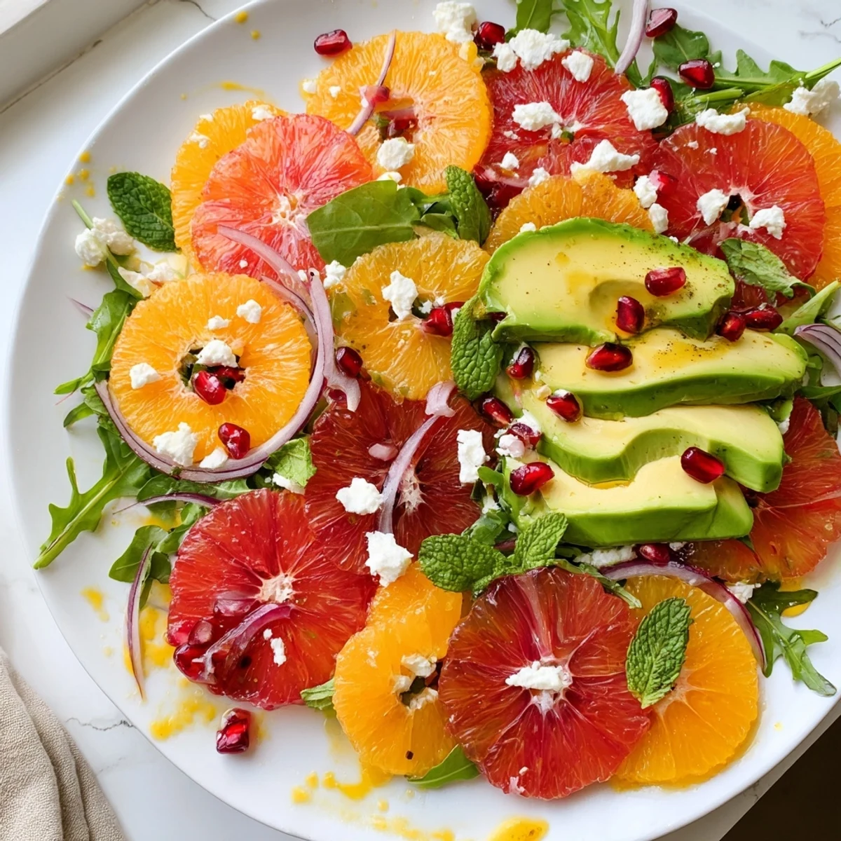 Bright citrus salad with pomegranate jewels, creamy avocado, and crumbled feta on a platter