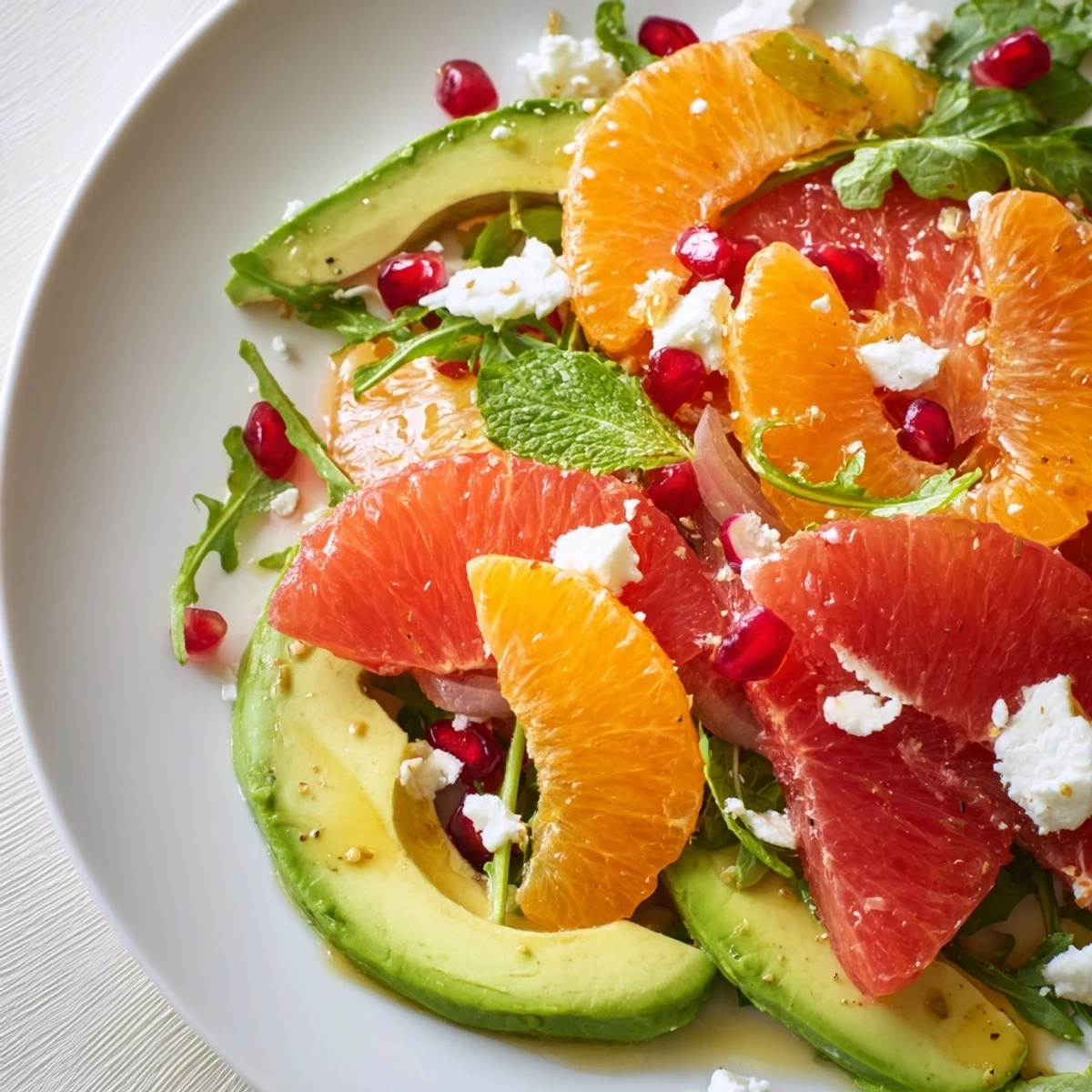 Juicy orange and grapefruit slices topped with pomegranate seeds, avocado, and tangy feta cheese