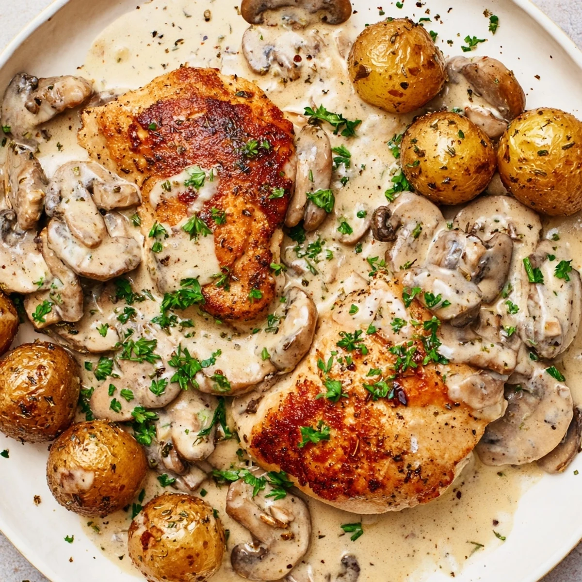 Creamy mushroom chicken smothered in rich garlic sauce beside golden herb-roasted potatoes