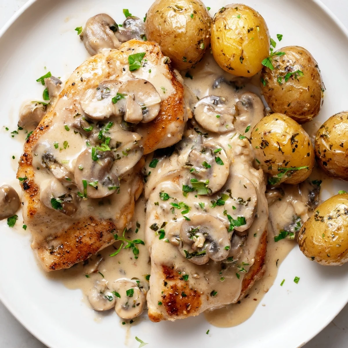 Tender creamy mushroom chicken breasts nestled in velvety sauce alongside crispy herb potatoes