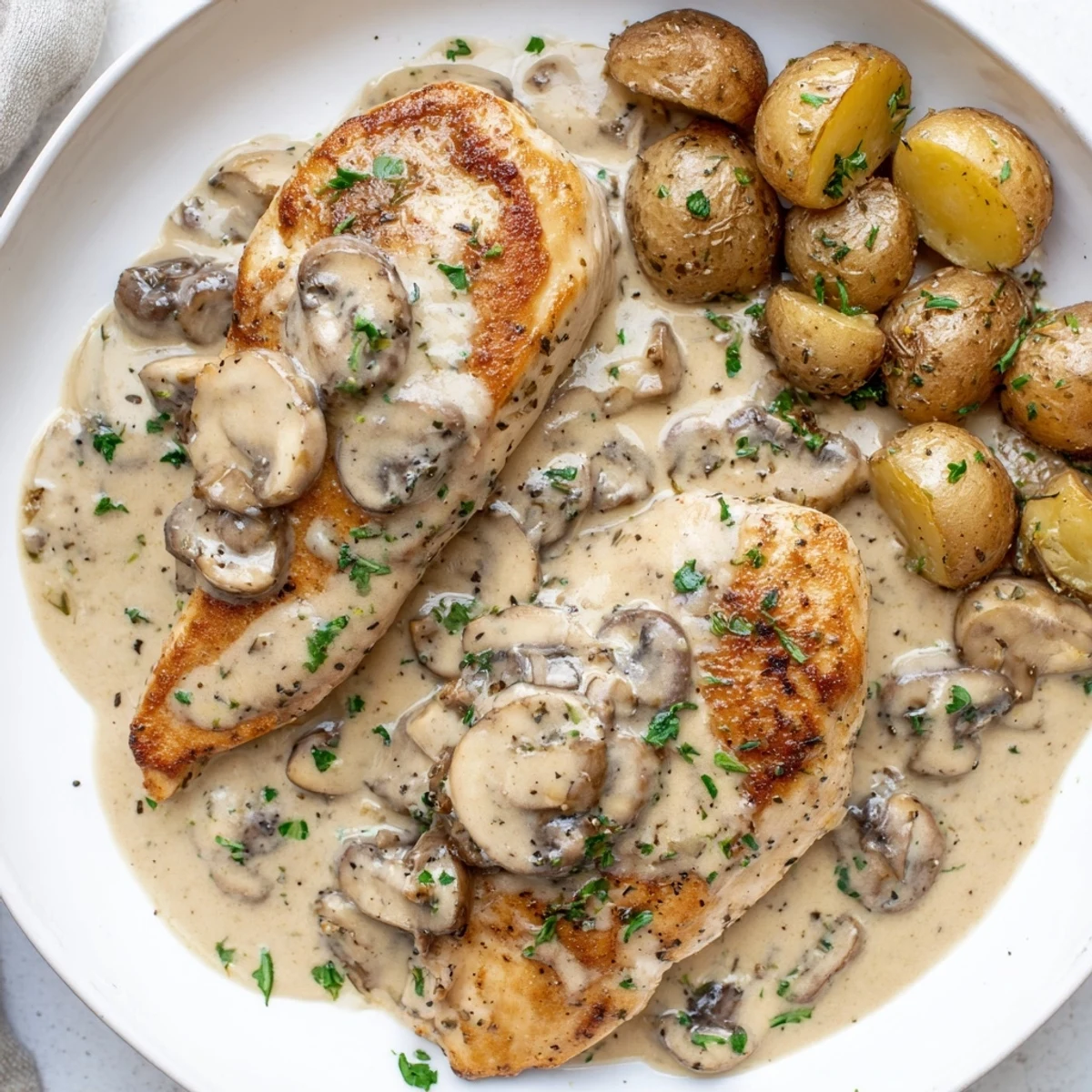 Pan-seared creamy mushroom chicken with crispy rosemary potatoes on a rustic white plate