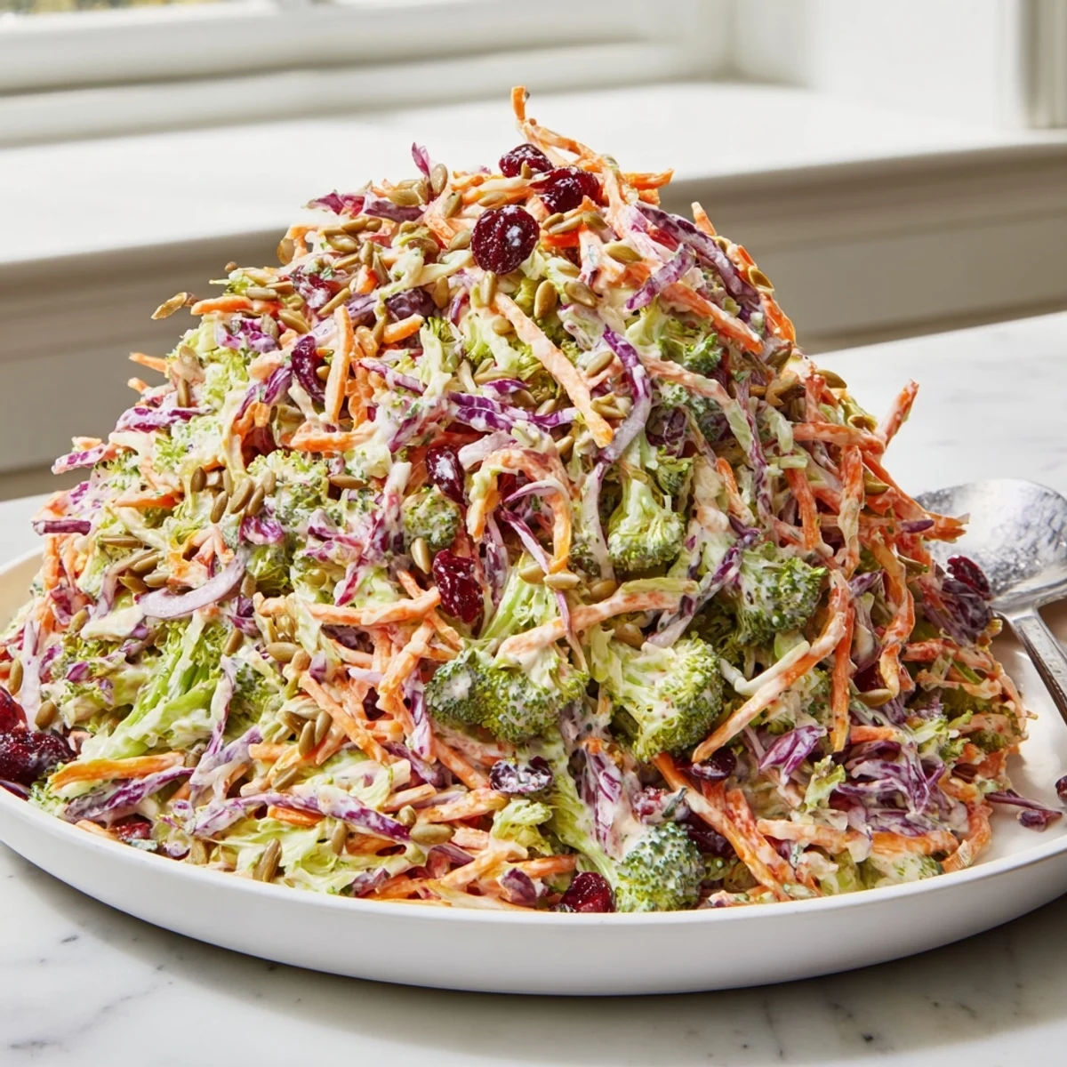 Creamy broccoli slaw with cranberries and sunflower seeds in a tangy dressing