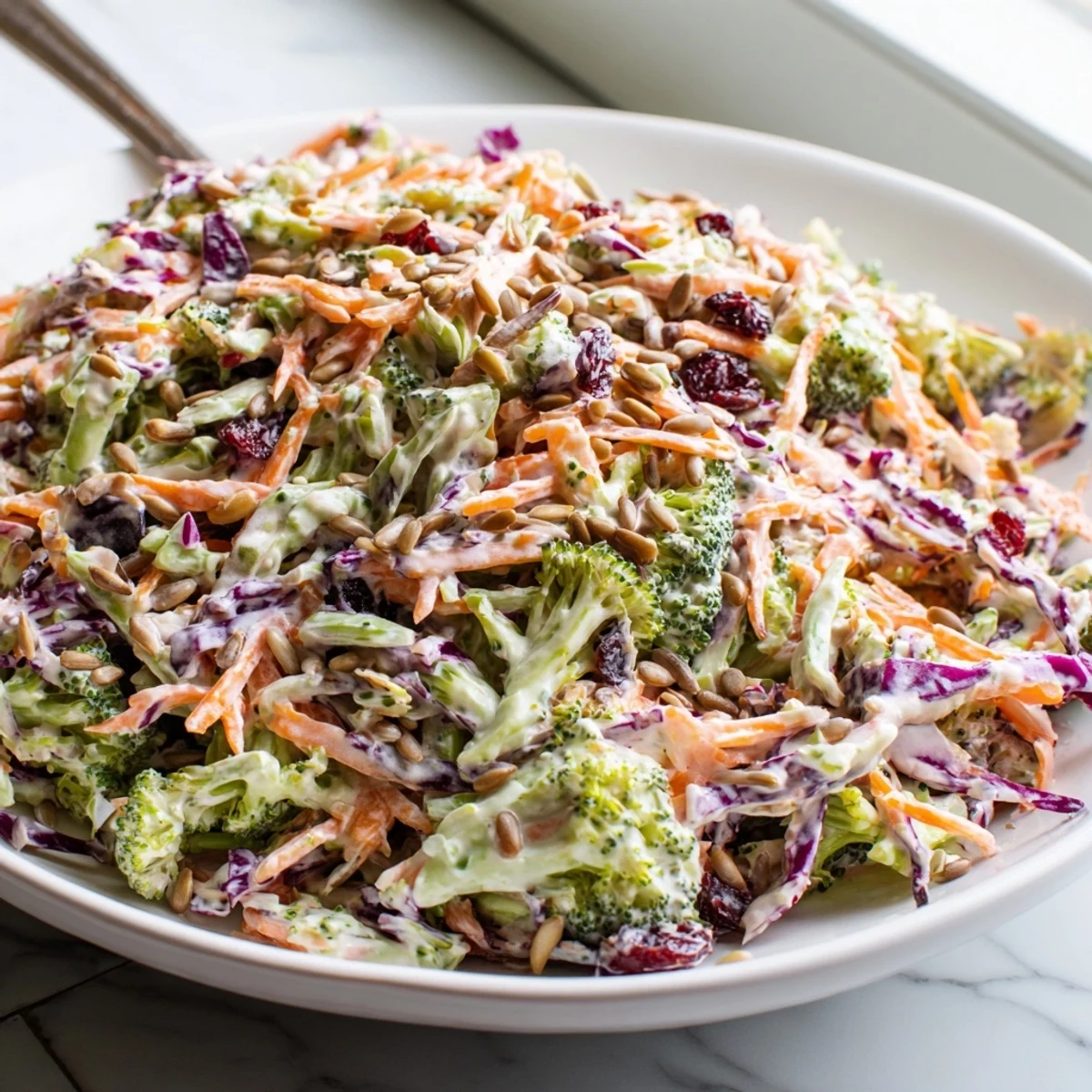 Broccoli slaw topped with crunchy almonds and dried cranberries in a serving bowl
