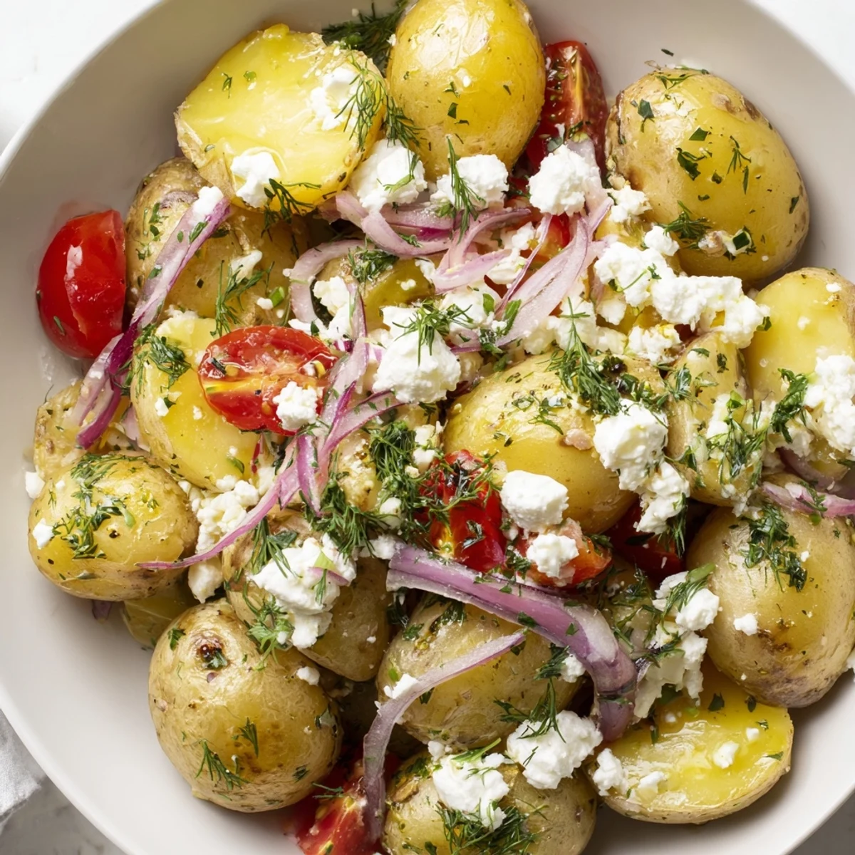 Warm potato and feta salad drizzled with tangy lemon herb dressing on a platter