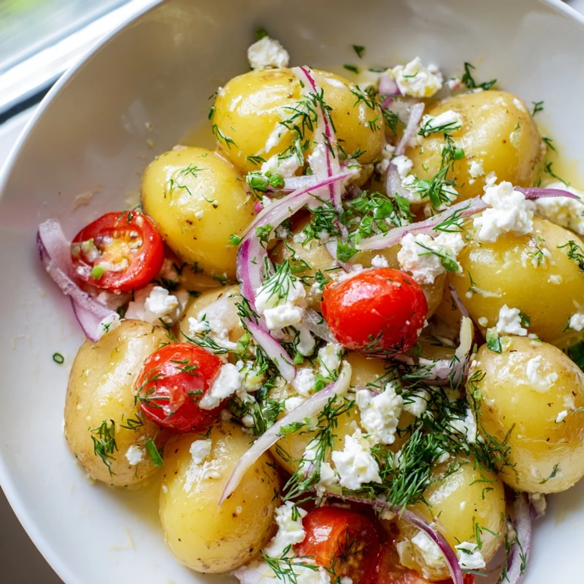 Creamy potato and feta salad topped with cherry tomatoes and fresh herbs