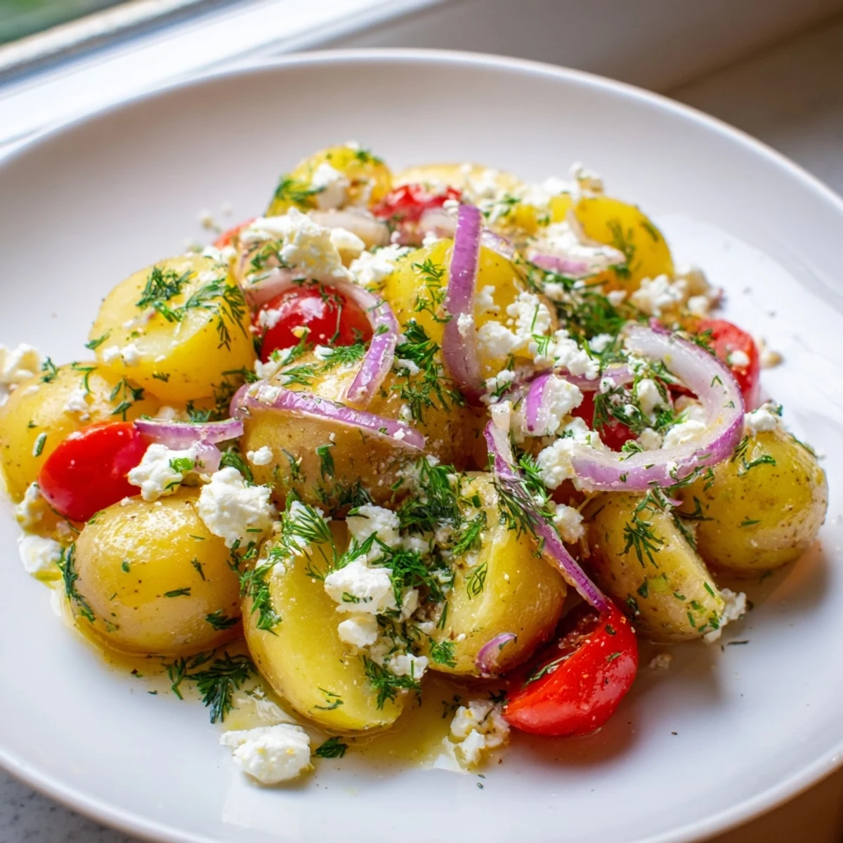 Golden potato and feta salad garnished with dill and crumbled cheese in a bowl