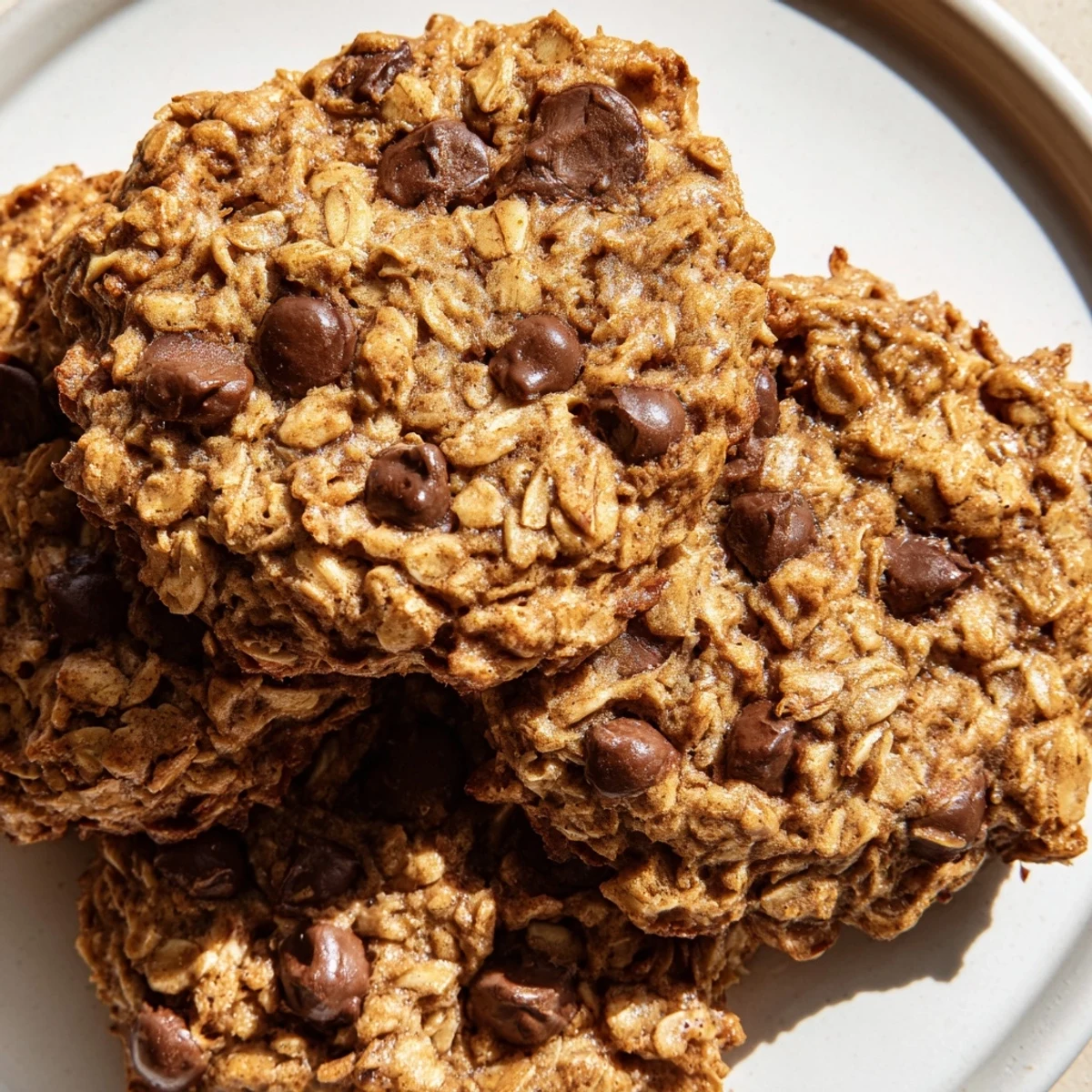 Golden chewy banana oatmeal cookies with chocolate chips cooling on a wire rack