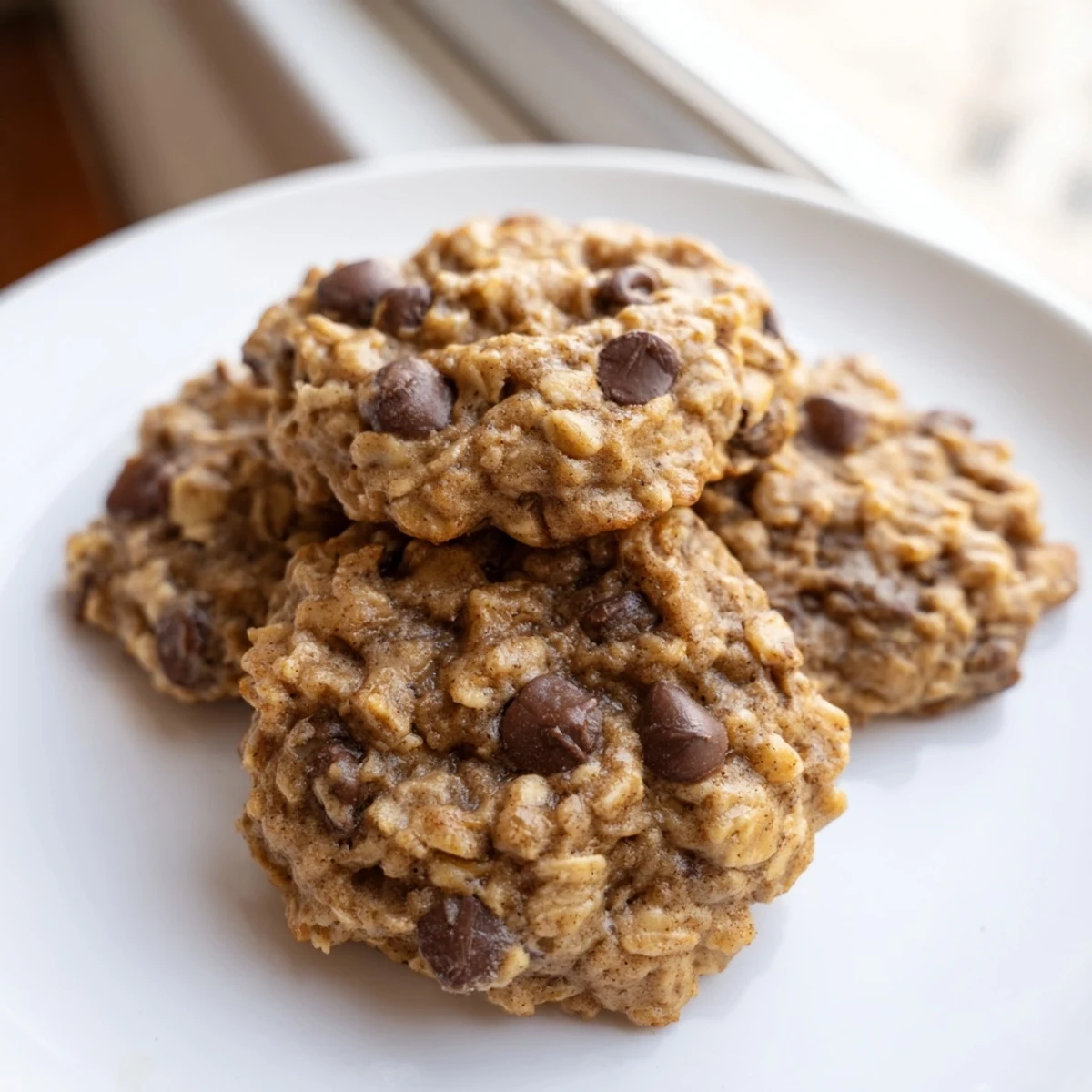Soft chewy banana oatmeal cookies stacked on a rustic white ceramic plate