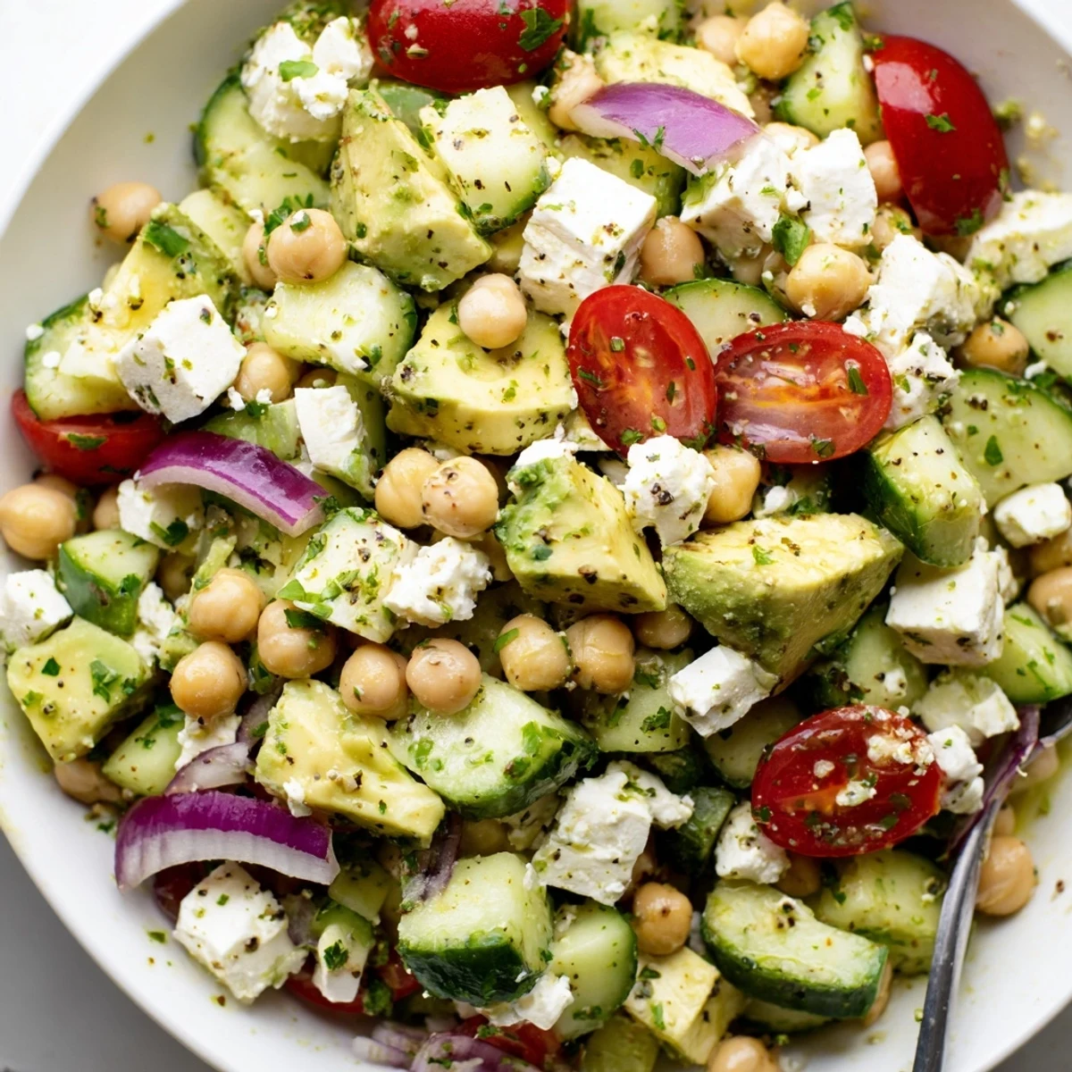 Creamy chickpea feta avocado salad served in a rustic white bowl
