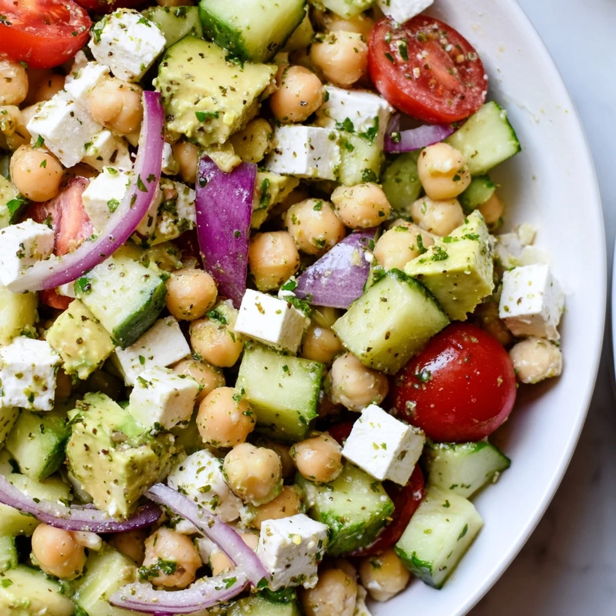 Vibrant chickpea feta avocado salad garnished with fresh parsley and crumbled feta