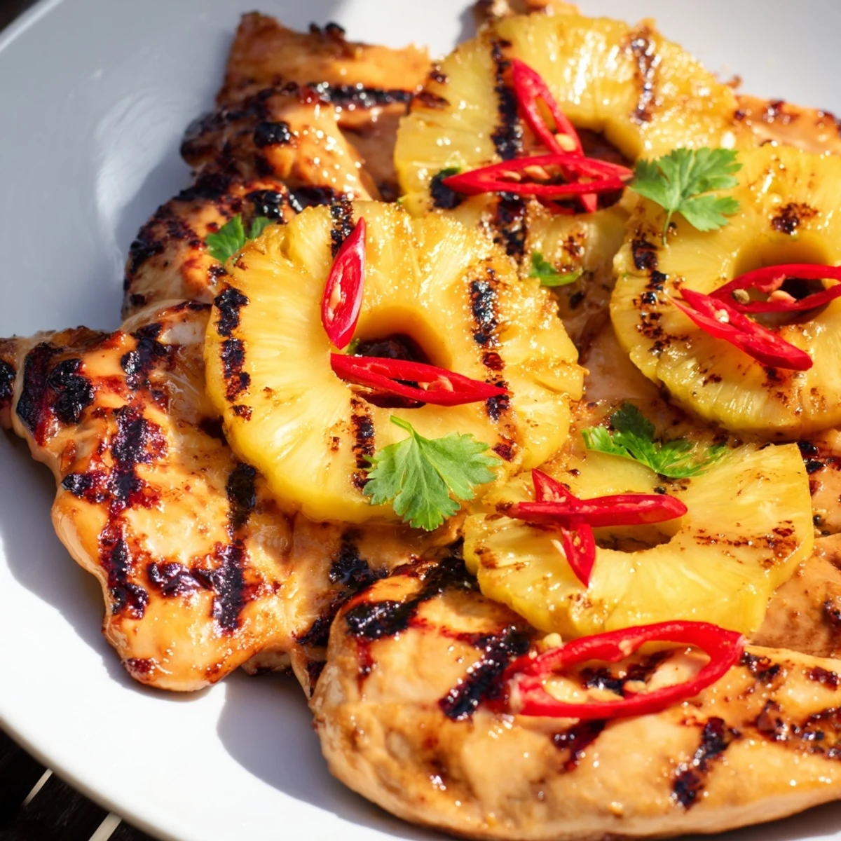 Juicy chili pineapple grilled chicken with caramelized fruit and fresh cilantro garnish
