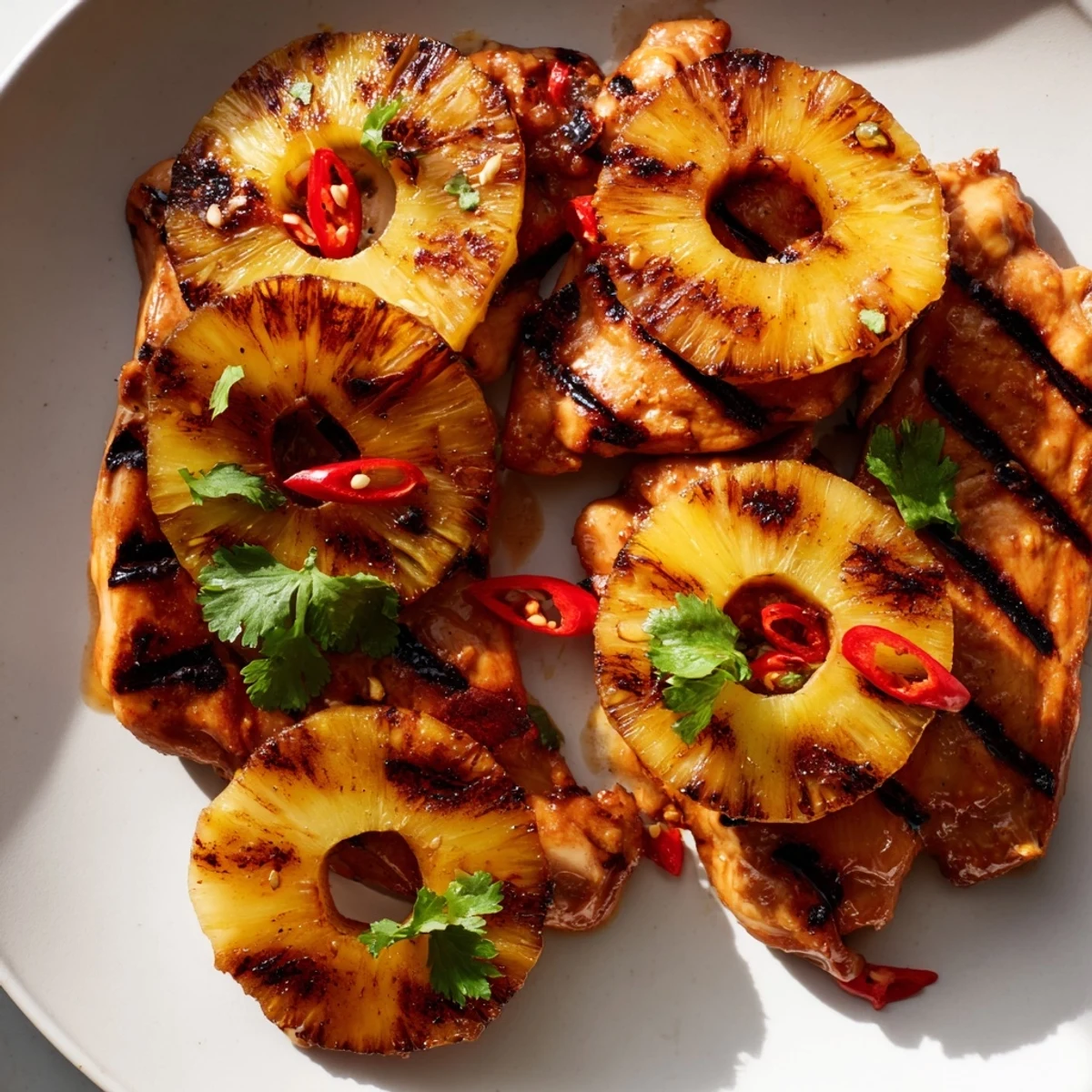 Spicy-sweet chili pineapple grilled chicken served alongside golden pineapple rings on a platter