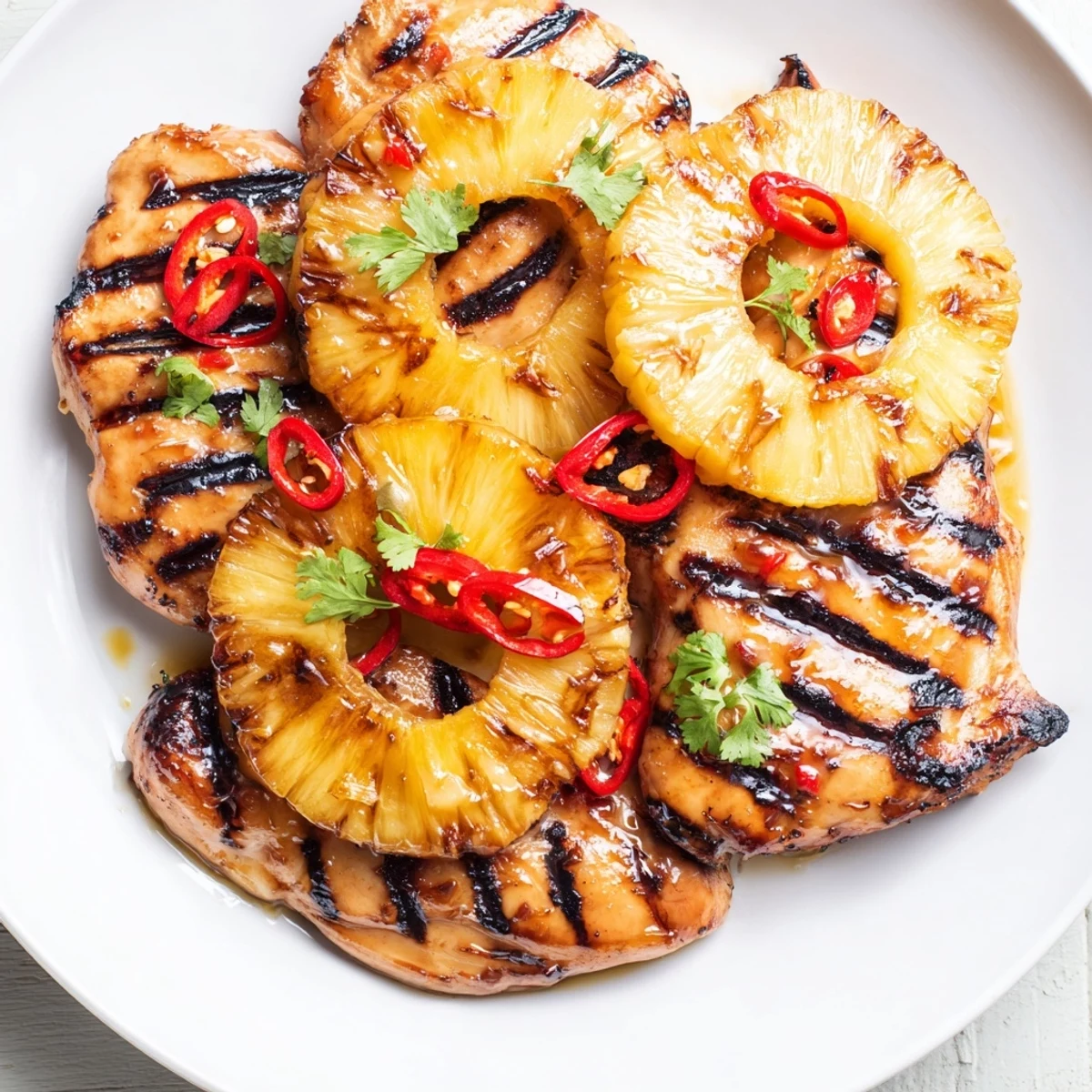 Tender chili pineapple grilled chicken seared on a backyard grill with smoky grill marks