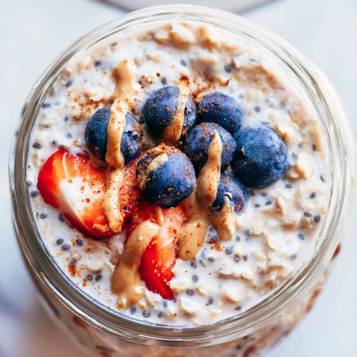 Creamy protein overnight oats topped with fresh berries and a nut butter drizzle