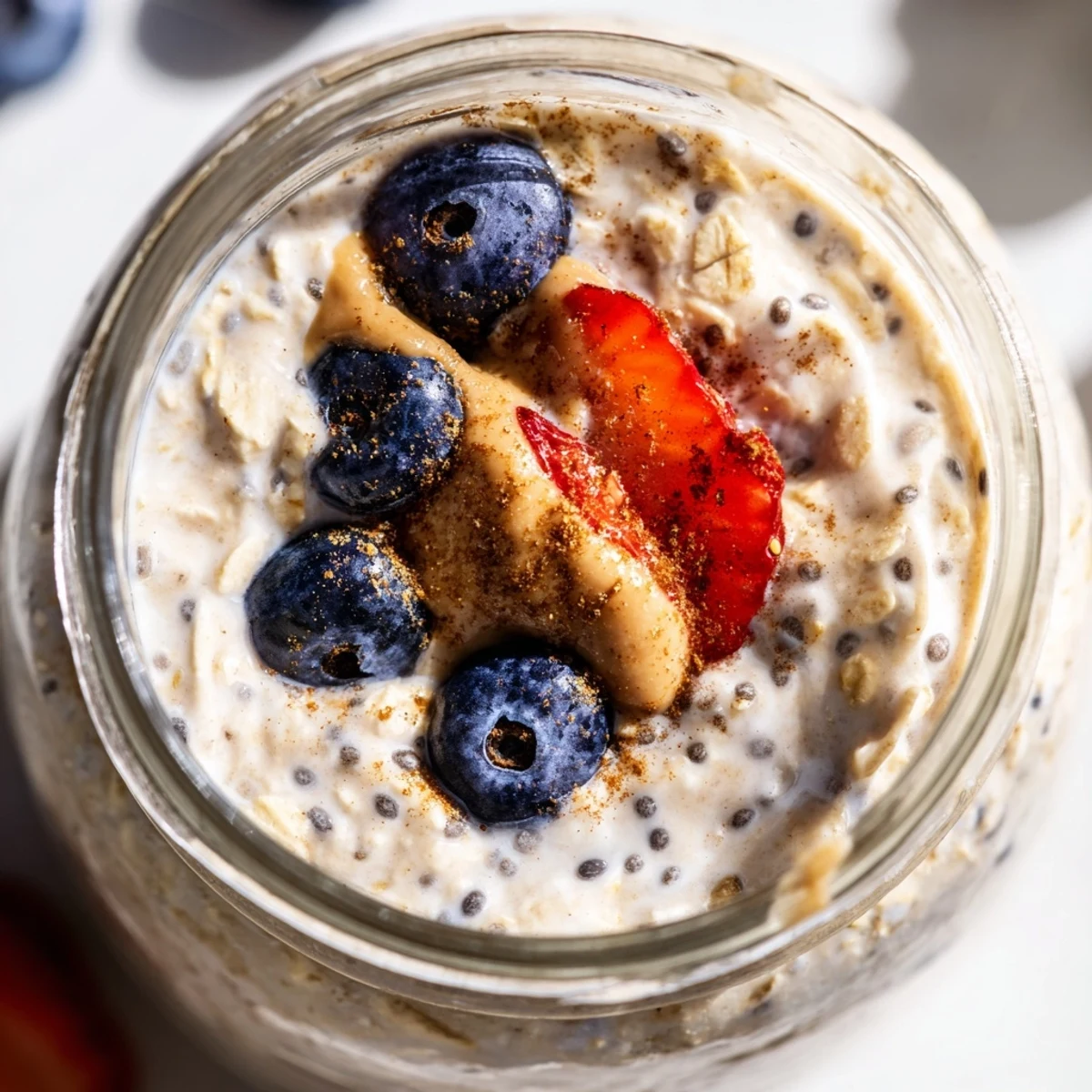 Thick vanilla protein overnight oats served in a jar with sliced banana