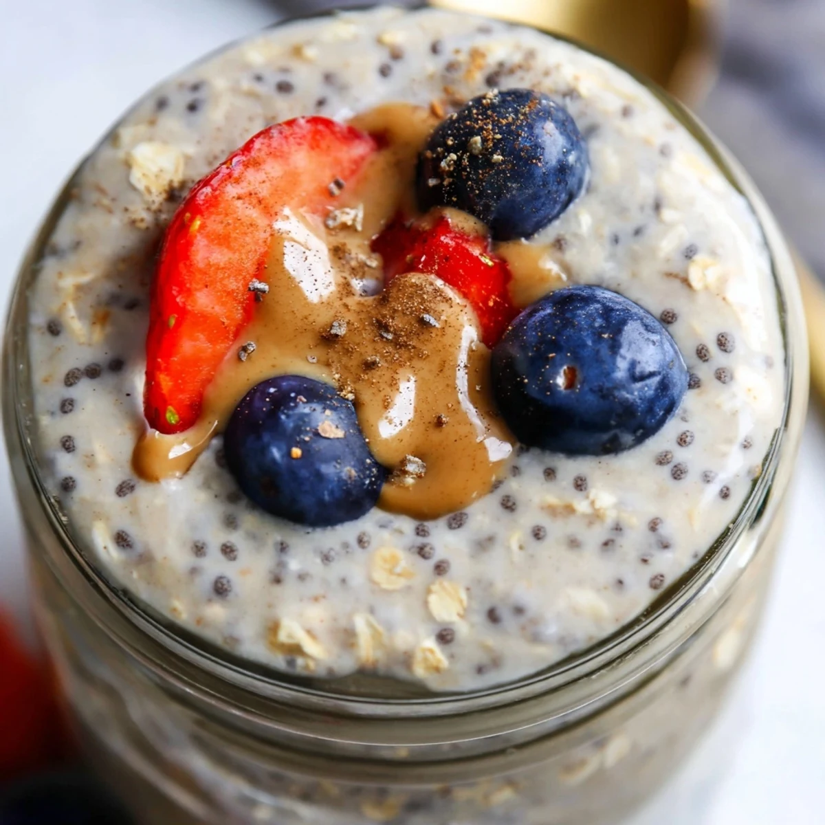 Chia-speckled protein overnight oats garnished with mixed berries and crunchy nuts