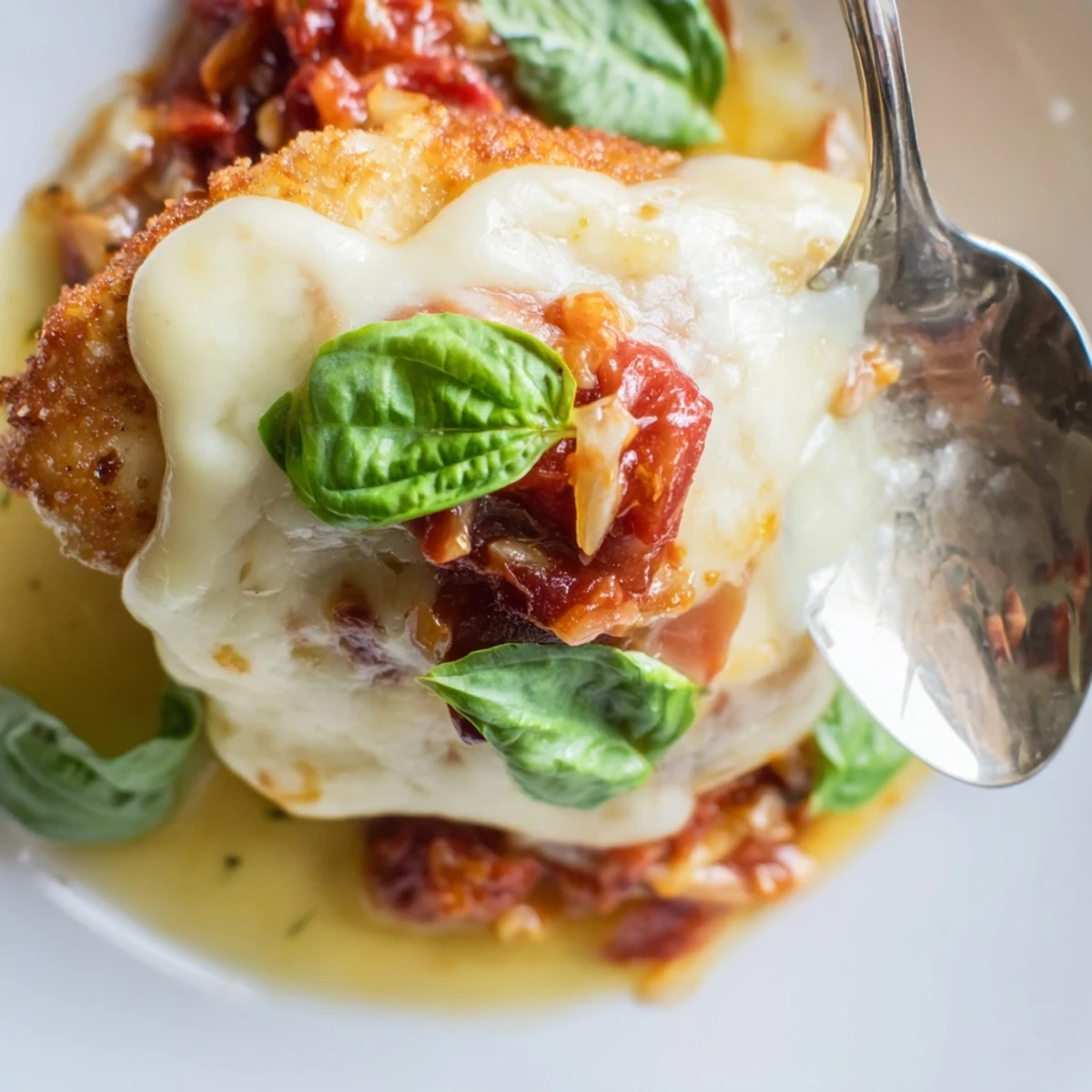 Golden Chicken Valdostana topped with melted Fontina and crispy prosciutto in rich tomato sauce