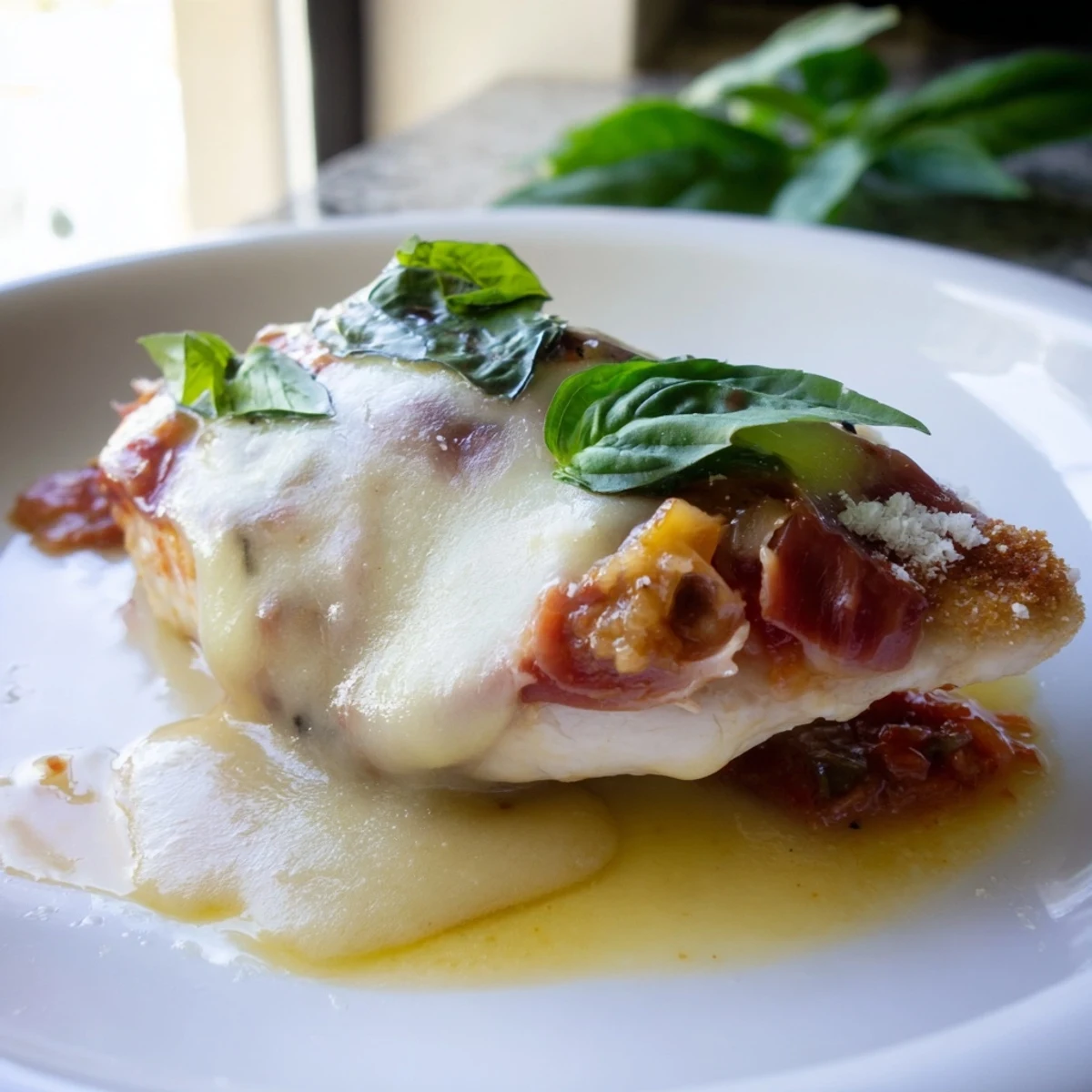 Bubbling Chicken Valdostana with gooey cheese and prosciutto resting in a savory white wine pan sauce