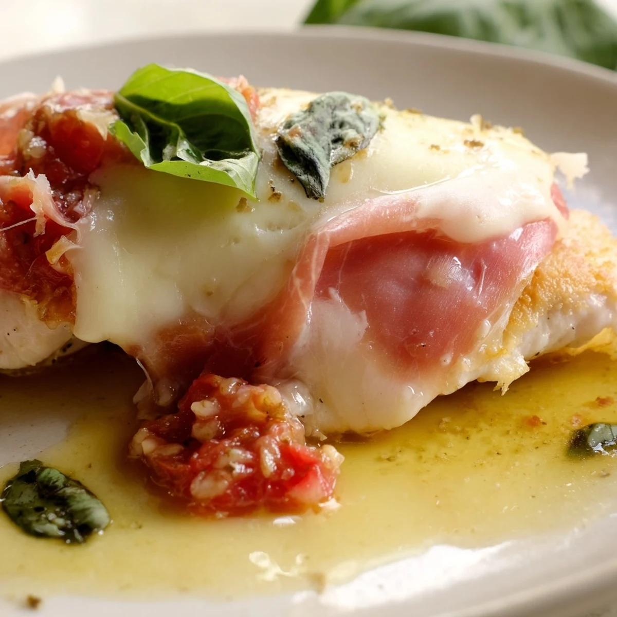 Breaded Chicken Valdostana smothered in melted Fontina cheese and finished with fresh basil garnish