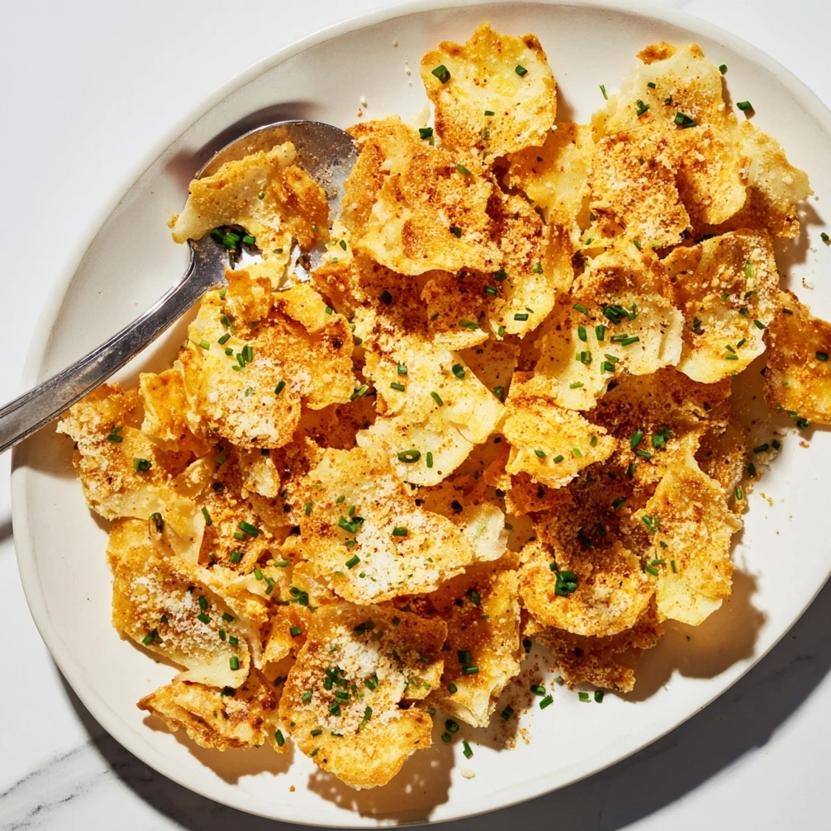Golden crispy cottage cheese chips fresh from the oven with Parmesan and chives sprinkled on top