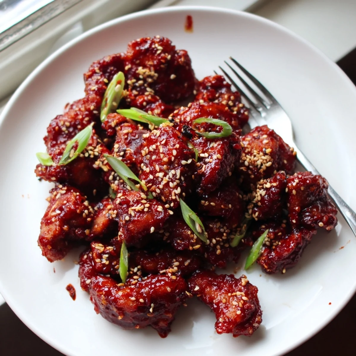 Gochujang Chicken glazed in spicy red sauce served over steamed white rice.