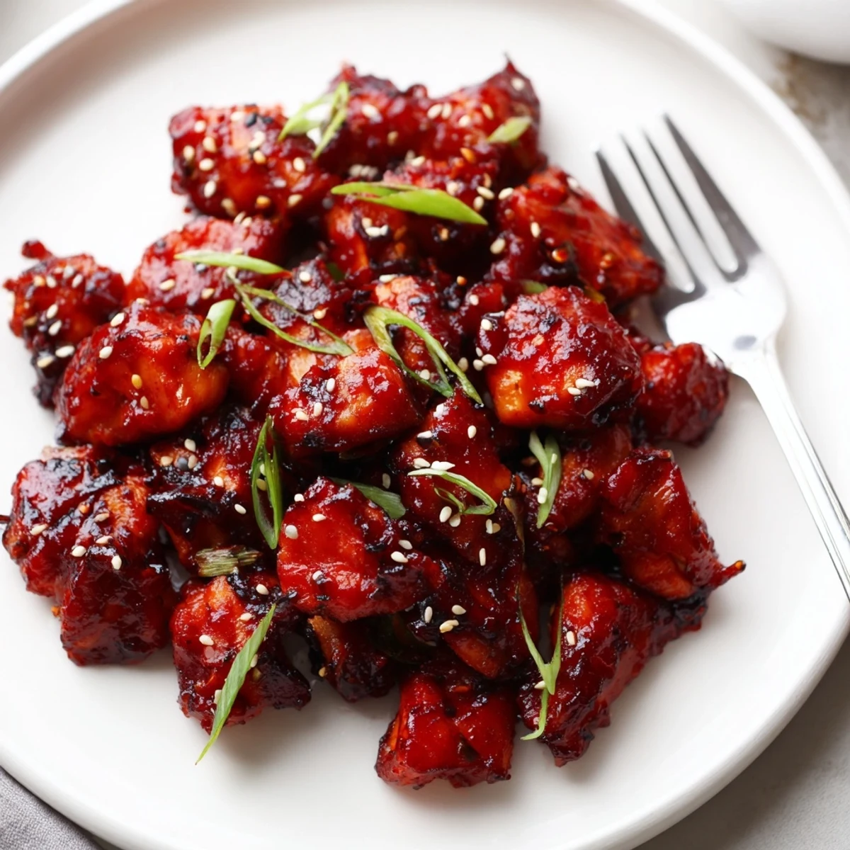 Crispy Gochujang Chicken thighs coated in a sticky, sweet, and savory glaze.