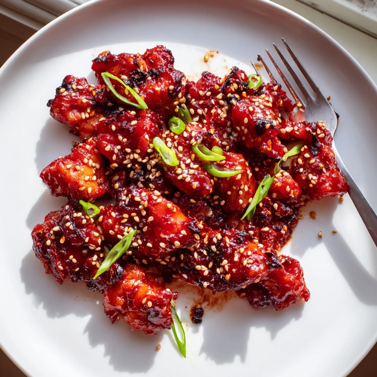 Caramelized Gochujang Chicken pieces garnished with sesame seeds and sliced spring onions.