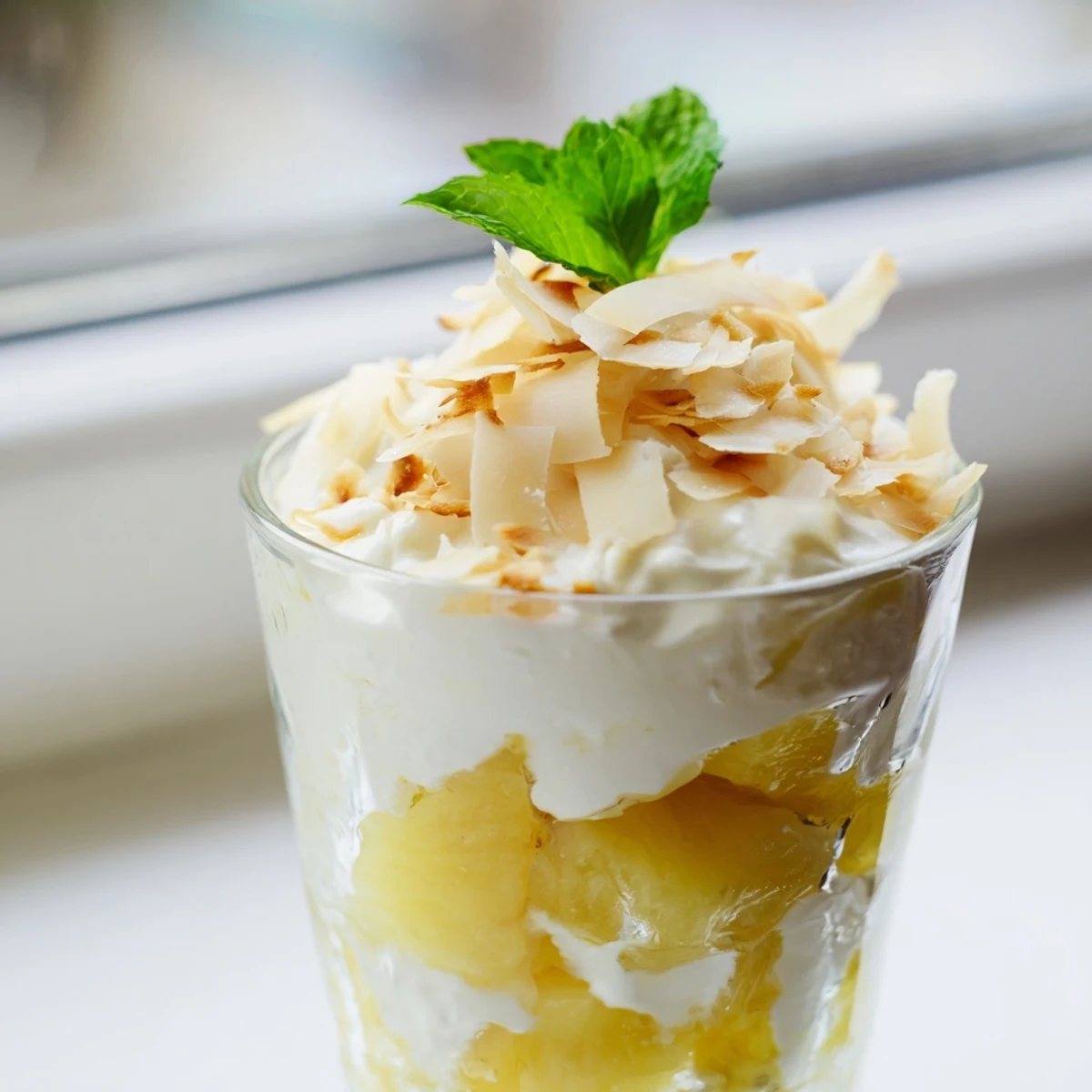 Mini pineapple condensed coconut milk cups topped with toasted coconut flakes and fresh mint