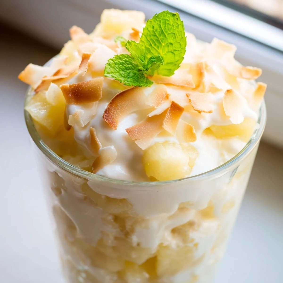 Creamy mini pineapple condensed coconut milk dessert served in elegant small glass cups