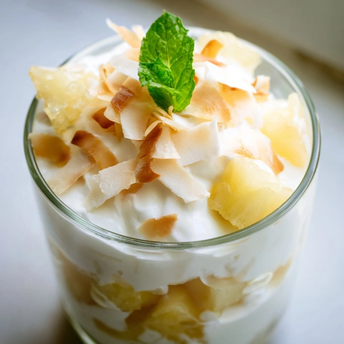 Chilled mini pineapple condensed coconut milk parfaits layered with juicy fruit and coconut cream