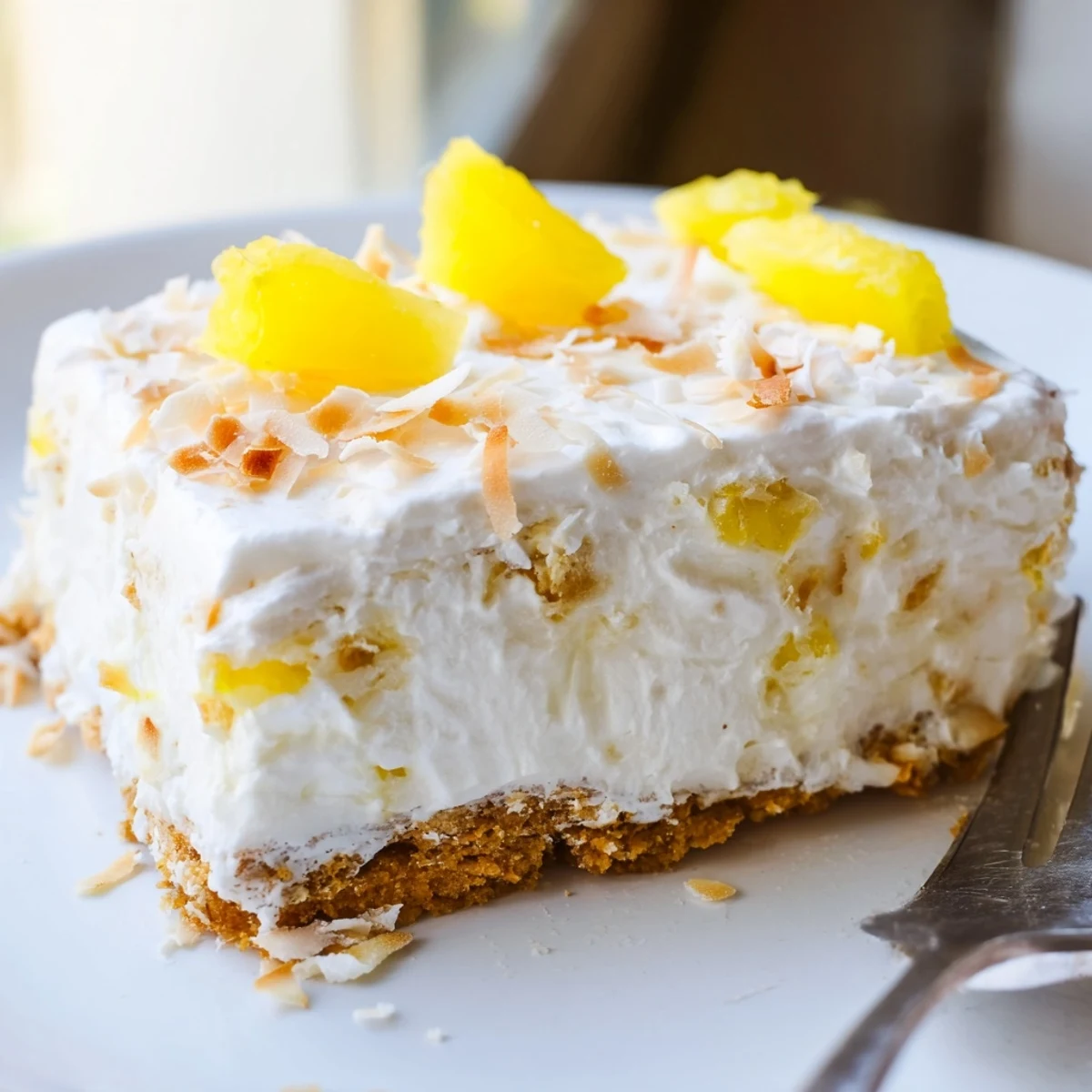 Creamy no bake pineapple coconut cream cake sliced and topped with golden toasted coconut flakes