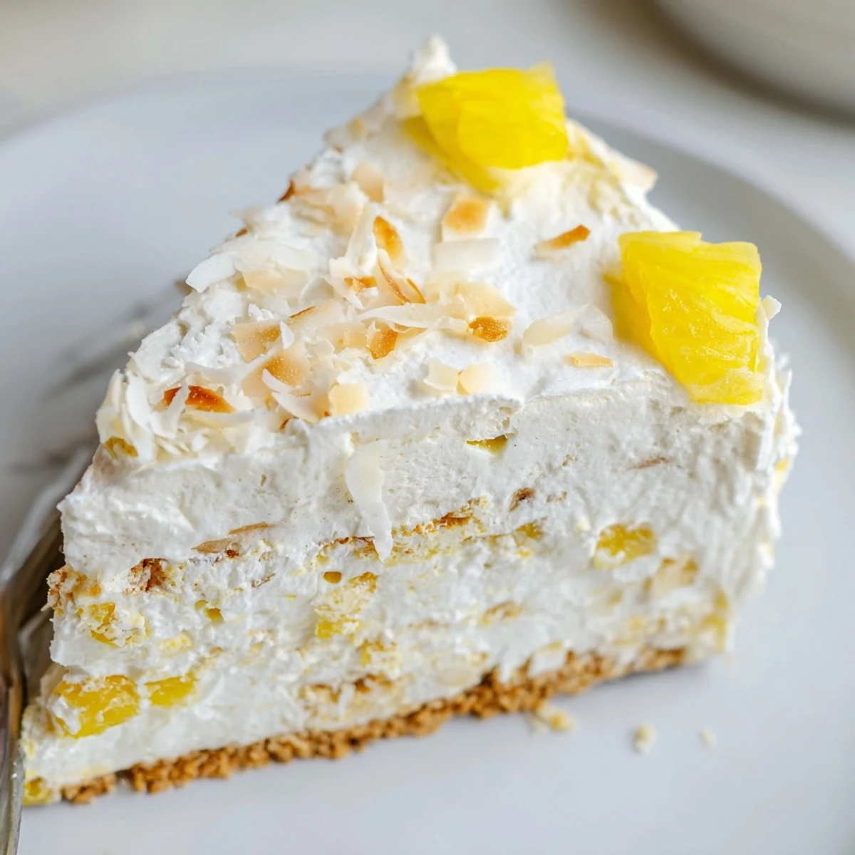 Chilled no bake pineapple coconut cream cake showing off its thick buttery graham cracker crust