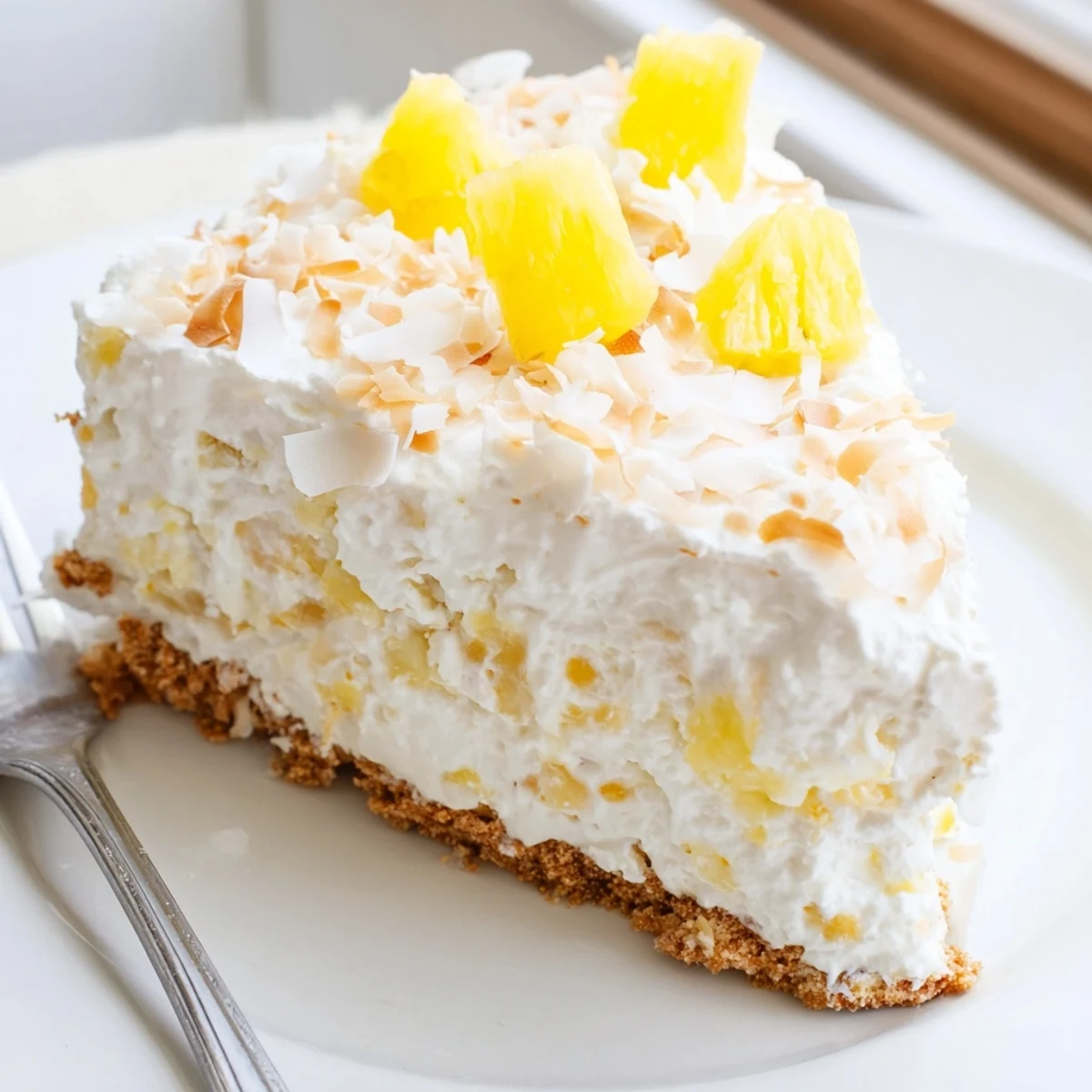 Luscious no bake pineapple coconut cream cake crowned with juicy fresh pineapple chunks and coconut