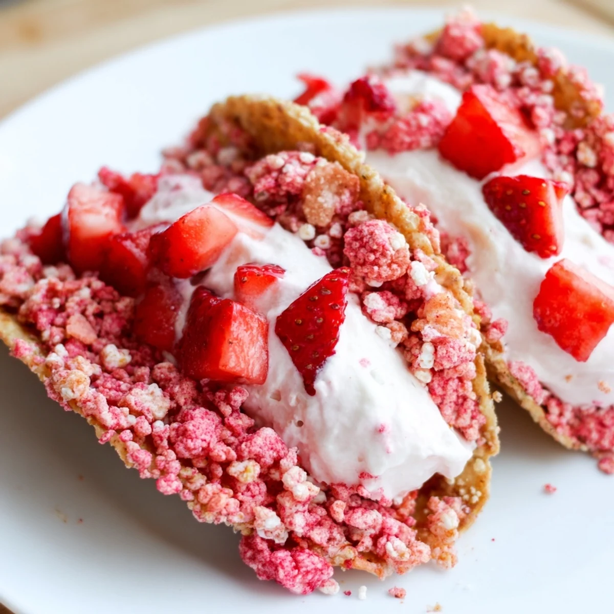 Crispy cinnamon sugar taco shells filled with creamy strawberry crunch cheesecake tacos topped with diced berries