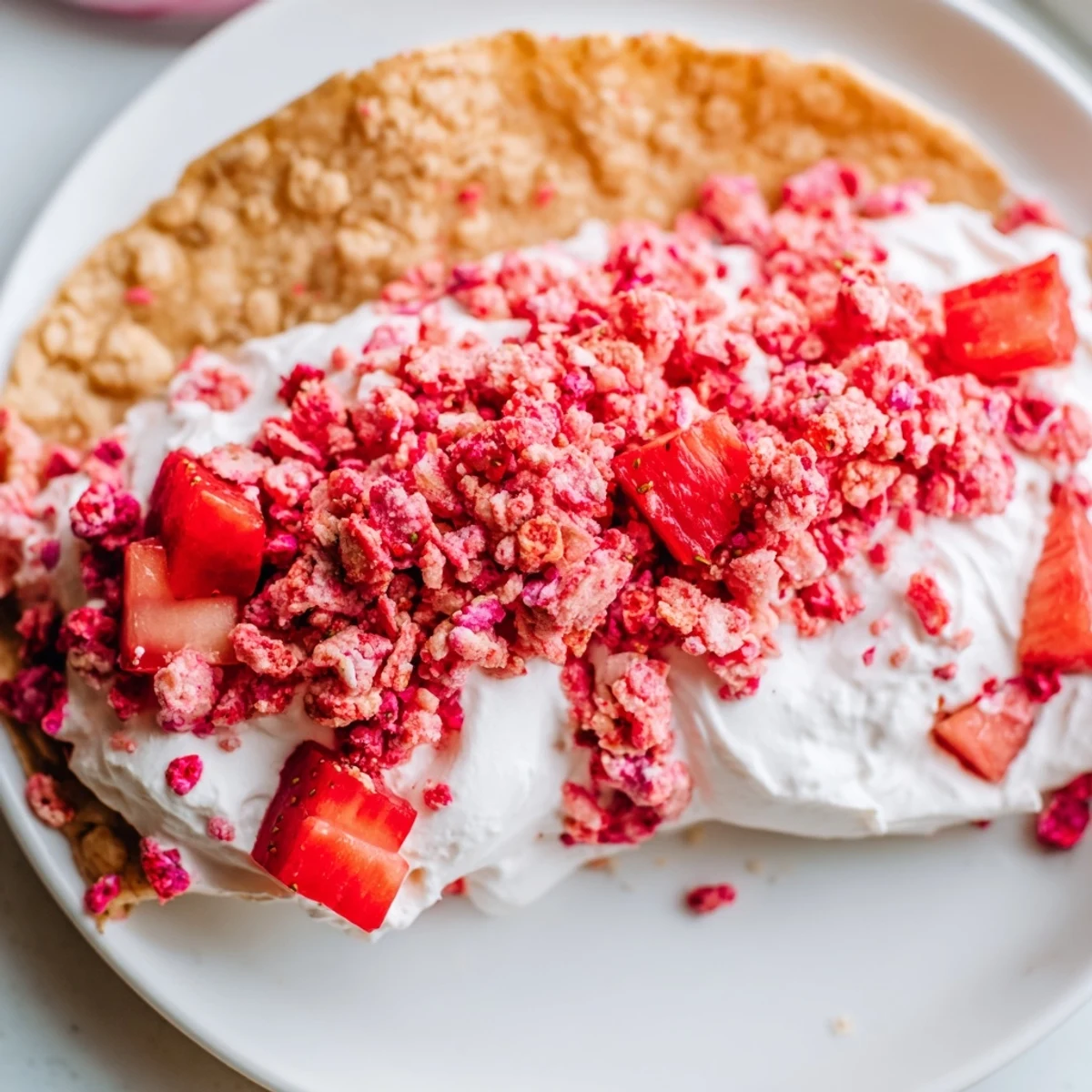 Strawberry crunch cheesecake tacos arranged on a plate showcase crunchy cereal coating and fresh berry garnish