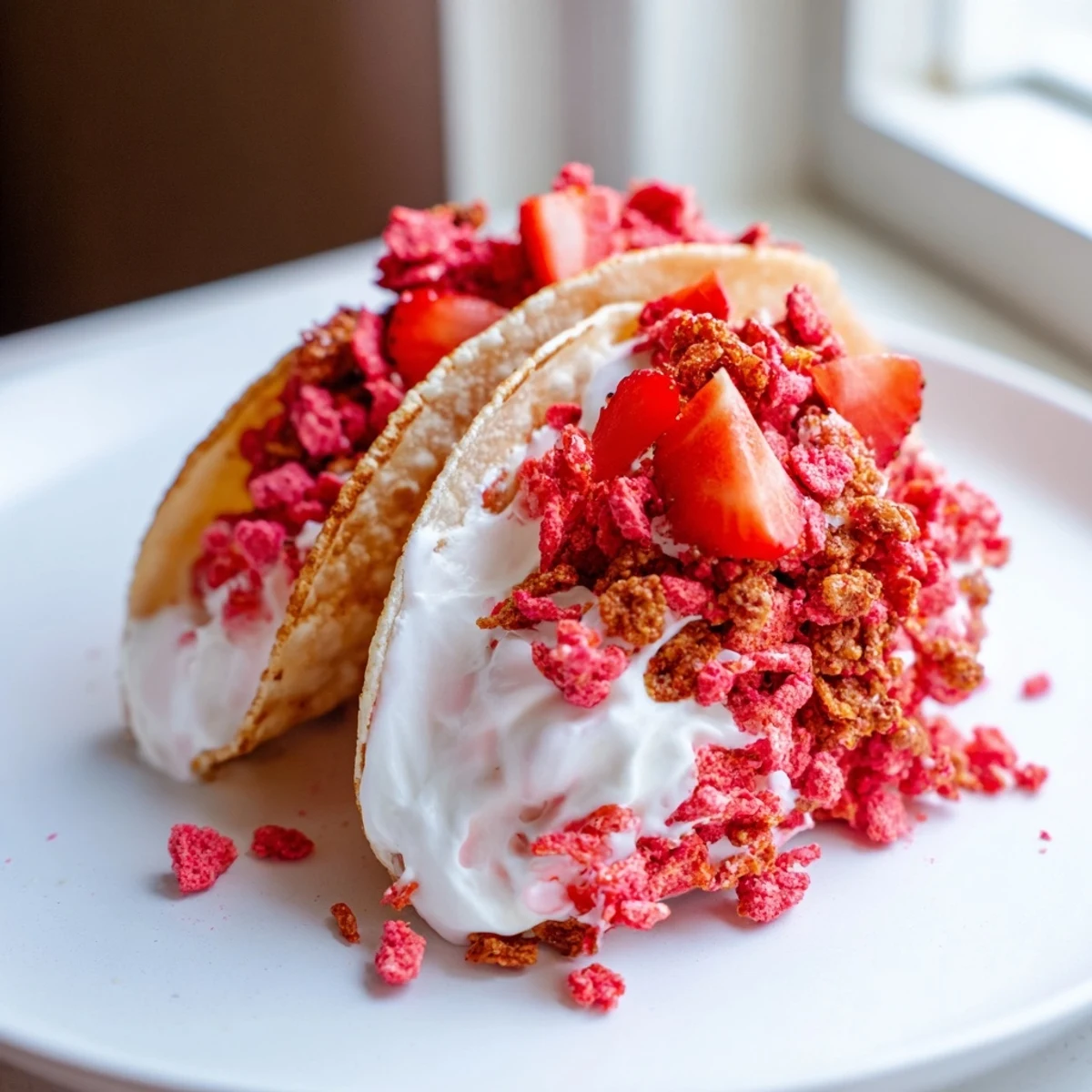 Golden baked tortilla shells overflow with fluffy cheesecake mousse and vibrant strawberry crunch topping
