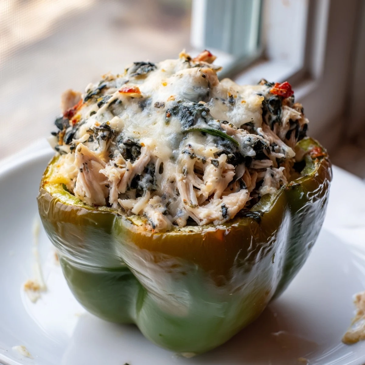 Golden baked chicken Florentine stuffed peppers bubbling with melted mozzarella cheese