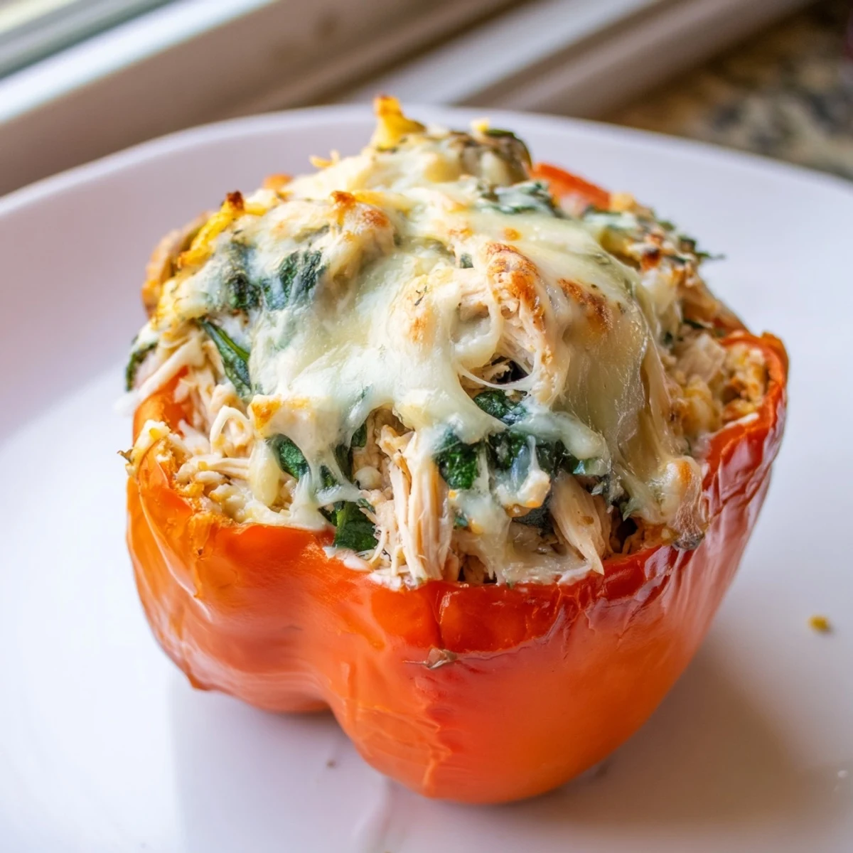 Colorful bell peppers filled with creamy chicken Florentine filling hot from oven