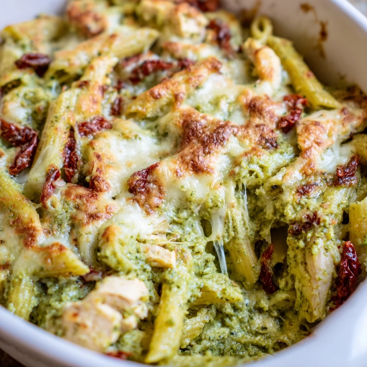 Golden baked pesto chicken pasta bake with bubbling mozzarella and fresh basil on top
