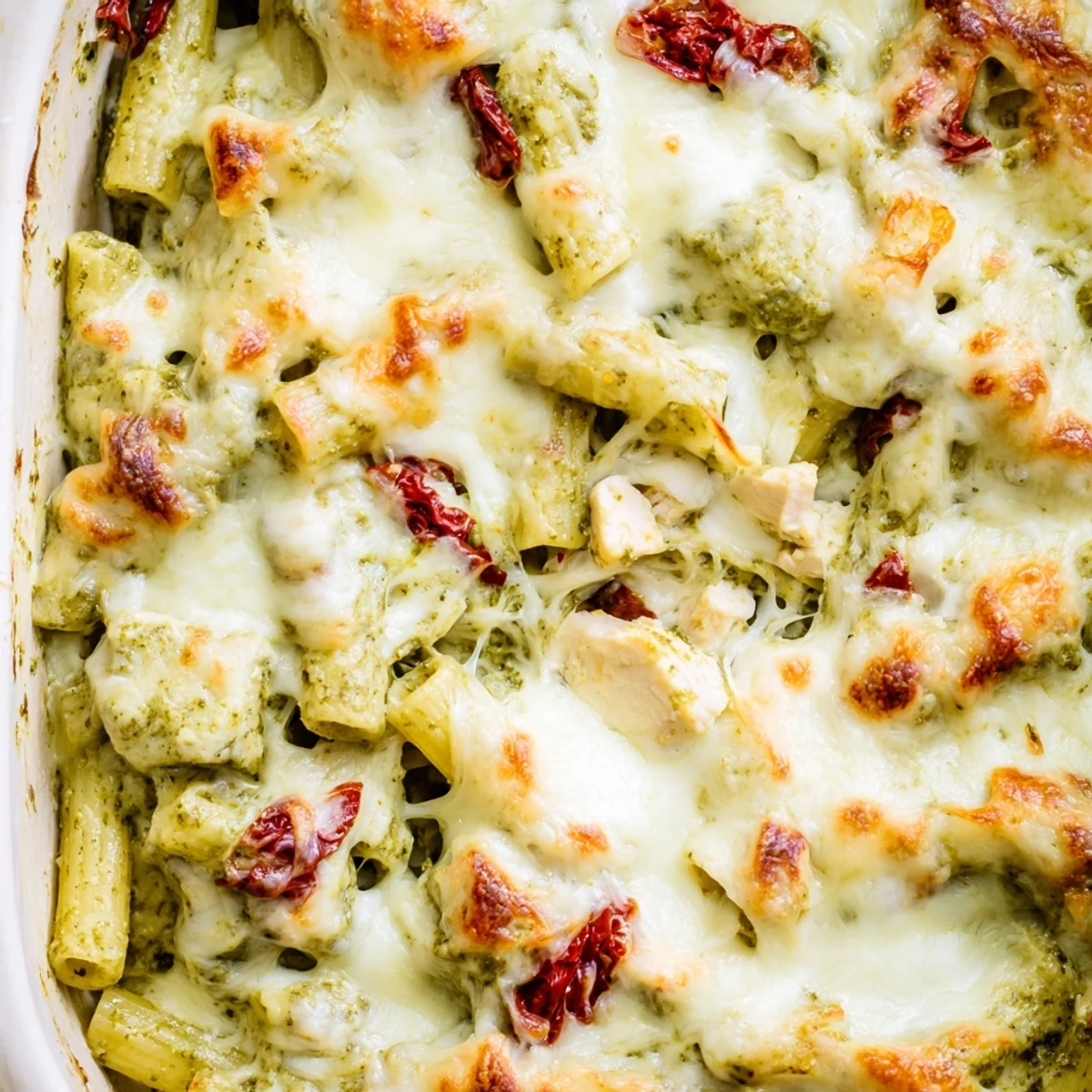 Creamy pesto chicken pasta bake scooped from a cast iron skillet with melted cheese