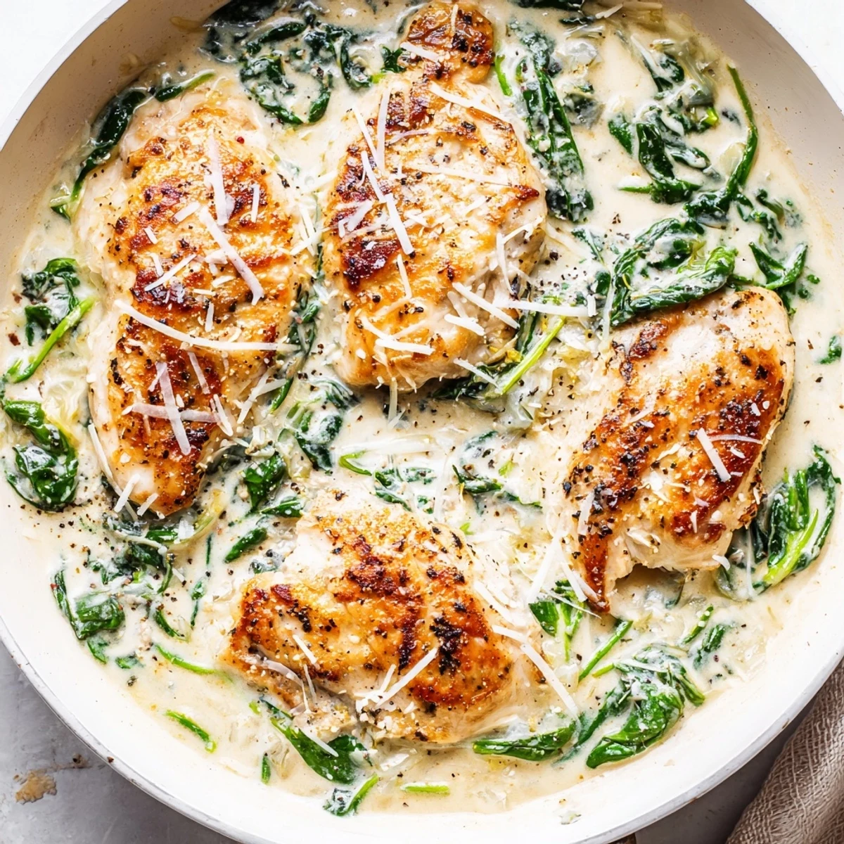 Golden seared Lemon Parmesan Spinach Chicken nestled in a creamy, vibrant green sauce.