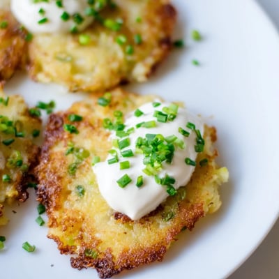 Tender, pan-fried potato cakes with scallions, topped with a swirl of creamy sour cream and fresh chives.  