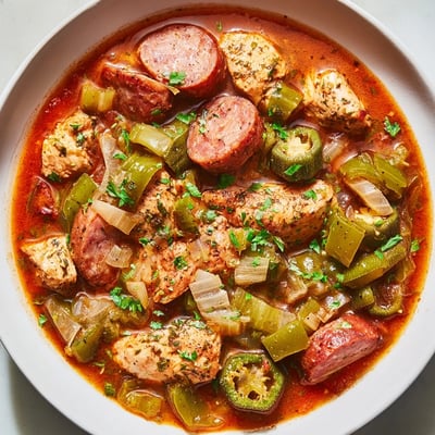 Chicken and Sausage Stew with Okra served over fluffy white rice, garnished with fresh parsley for a classic Southern meal.