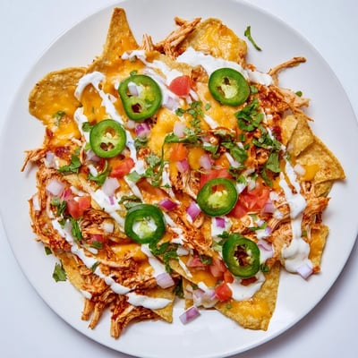 A close-up of golden melted cheese blanketing nachos, dotted with fresh tomatoes and cilantro.