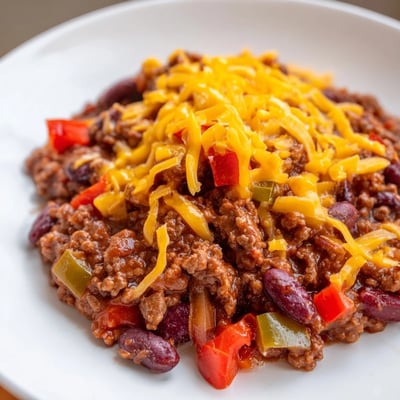 Hearty Spicy Beef Chili with Cheddar Cheese simmering in a pot, featuring tender beef, beans, and bold spices.