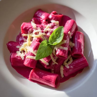 Cubes of tender roasted beets blended into a velvety cream sauce for a vibrant vegetarian pasta dinner, served warm in a white bowl.