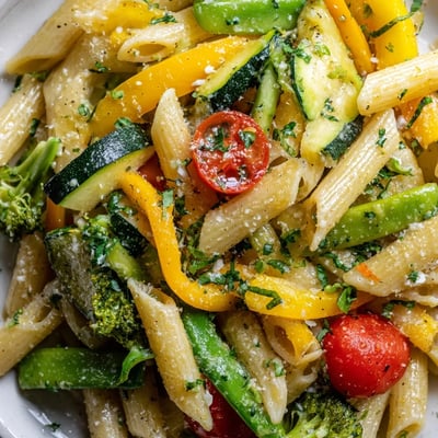 Creamy Parmesan Pasta Primavera studded with sautéed zucchini, tomatoes, and fresh basil