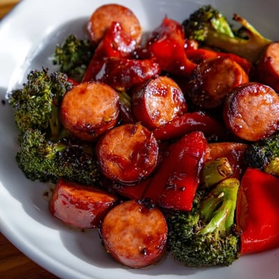Smoky kielbasa slices glistening with honey garlic glaze beside tender crisp broccoli and peppers