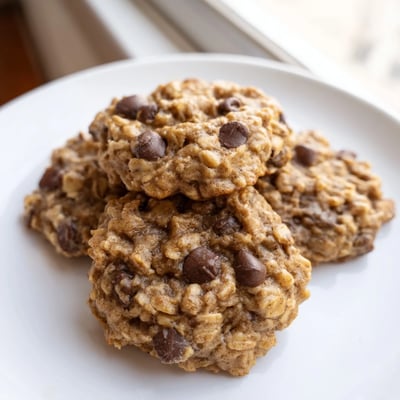Soft chewy banana oatmeal cookies stacked on a rustic white ceramic plate