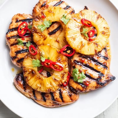 Tender chili pineapple grilled chicken seared on a backyard grill with smoky grill marks
